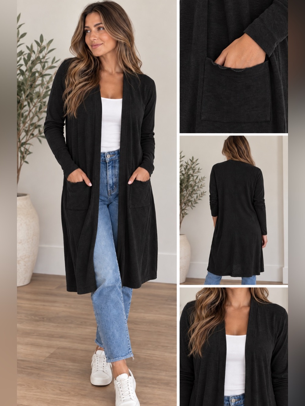 Abound Black Long Open Front Cardigan Lightweight Knit Sweater Patch Pockets L